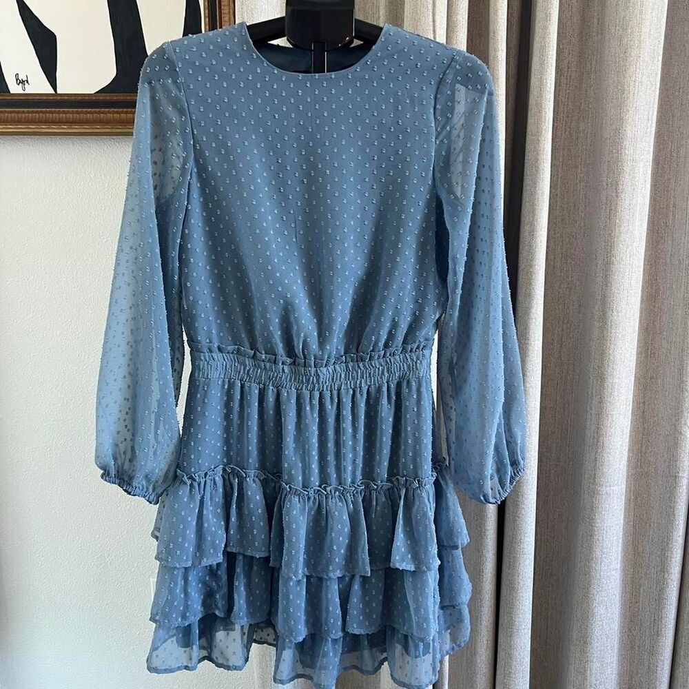 Express Baby Blue Swiss Dot Ruffle Tiered Mini Dress Long Sleeve Women's Small
